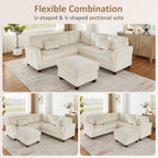 VANOMi Sectional Corner Couch, Corduroy L Shaped Sofa with Storage Ottoman,V Shaped Sectional Sofa, Corner 6-Seat Upholstered Couch with Chaise,Beige