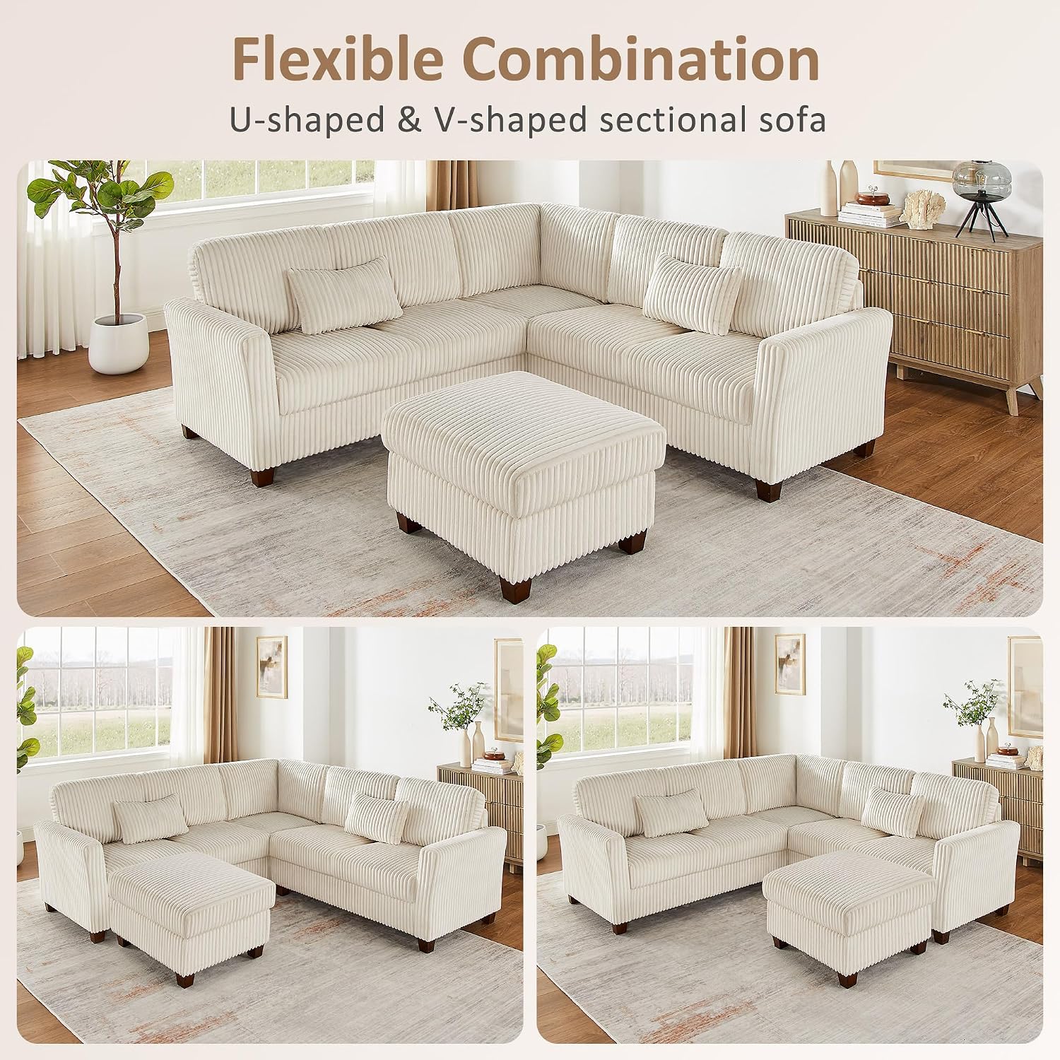 VANOMi Sectional Corner Couch, Corduroy L Shaped Sofa with Storage Ottoman,V Shaped Sectional Sofa, Corner 6-Seat Upholstered Couch with Chaise,Beige