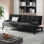 Shintenchi Futon Sofa Bed, Velvet Foldable Couch, Reclining Sleeper with Removable Armrests, Upholstered Loveseat Sofa Couch with Folding Cup Holders for Home, Office, Black
