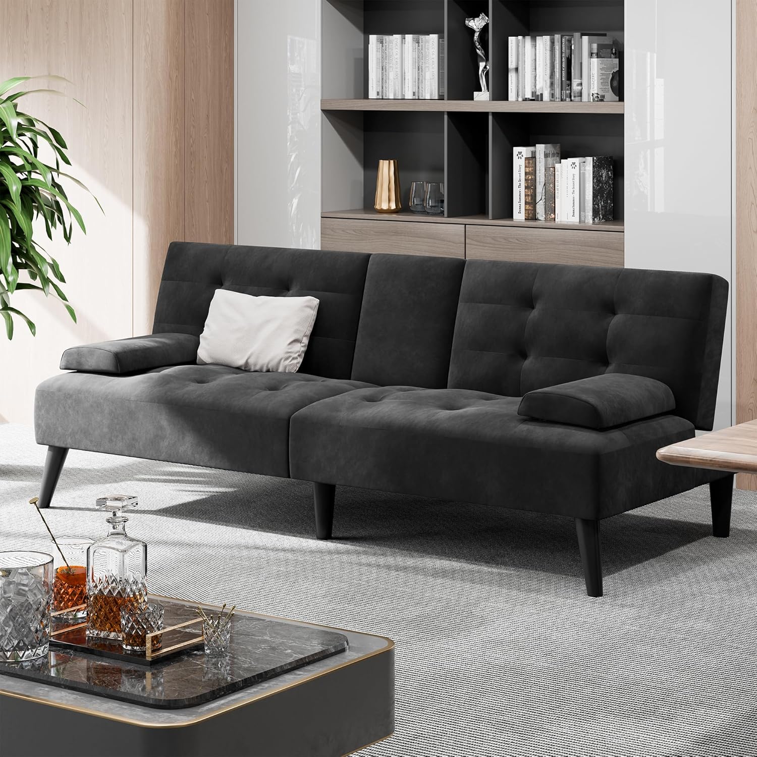 Shintenchi Futon Sofa Bed, Velvet Foldable Couch, Reclining Sleeper with Removable Armrests, Upholstered Loveseat Sofa Couch with Folding Cup Holders for Home, Office, Black