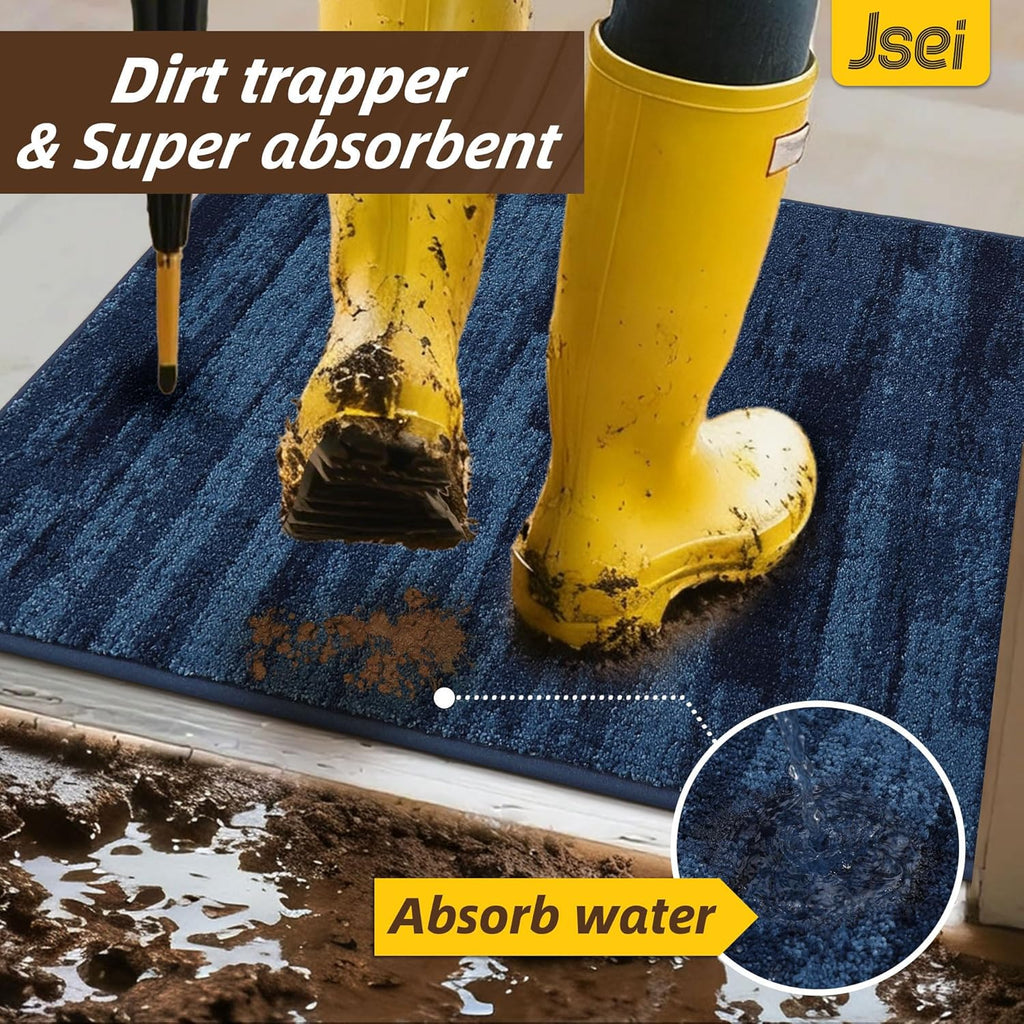 JSEI Dirt Trapper Door Mat 24"x36", Non-Slip Doormats Washable Entryway Mat, Welcome Floor Mat Absorbent Low Profile Dog Door Mats for Front Back Door, Wet Shoes & Paws, Blue