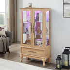 Lighted Curio Cabinet, Glass Display Cabinet, Light Oak Display Cabinet with Mirrored Back, Adjustable Shelves, 2 Glass Doors, 1 Drawer, 47.44 Inch High
