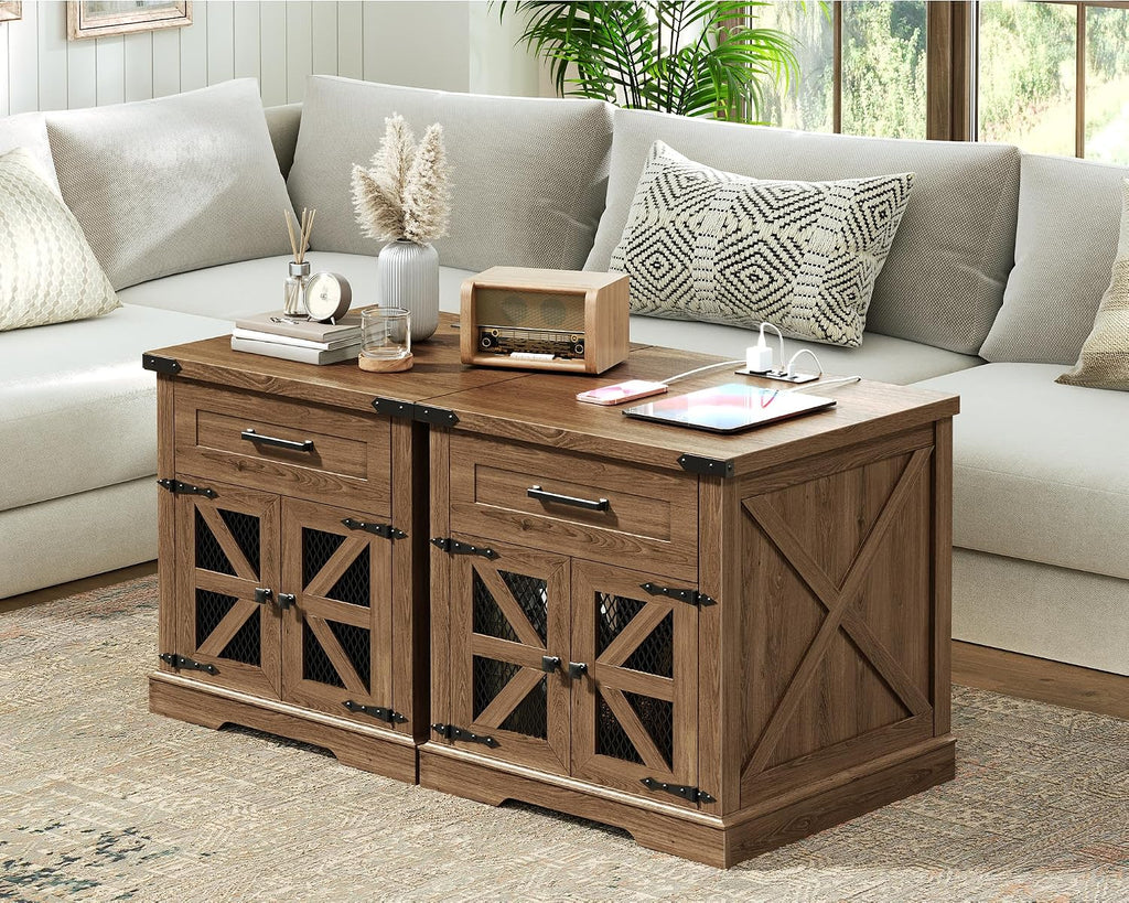 Farmhouse End Table Set of 2, 24" Large Sofa Side Table with Drawer, Large End Table for Living Room, Wooden Nightstand with Charging Station, Square, Walnut