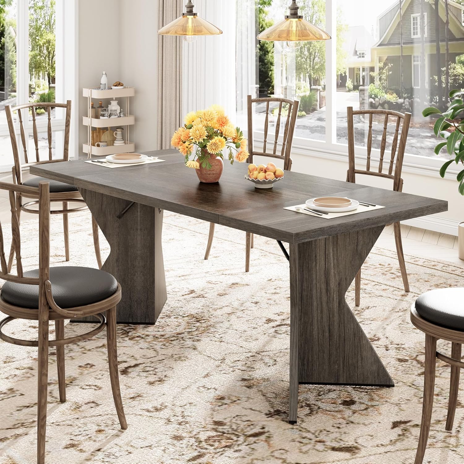 GarveeHome 70.9'' Dining Table for 6, Farmhouse Rectangular Kichen Table with Sturdy Frame and “V” Leg, Wooden Thickened Long Desk and Dinner Desk for Dining Room, Kitchen, Office, Game Room(Grey)