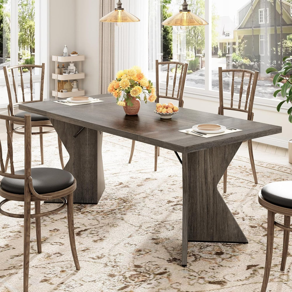 GarveeHome 70.9'' Dining Table for 6, Farmhouse Rectangular Kichen Table with Sturdy Frame and “V” Leg, Wooden Thickened Long Desk and Dinner Desk for Dining Room, Kitchen, Office, Game Room(Grey)