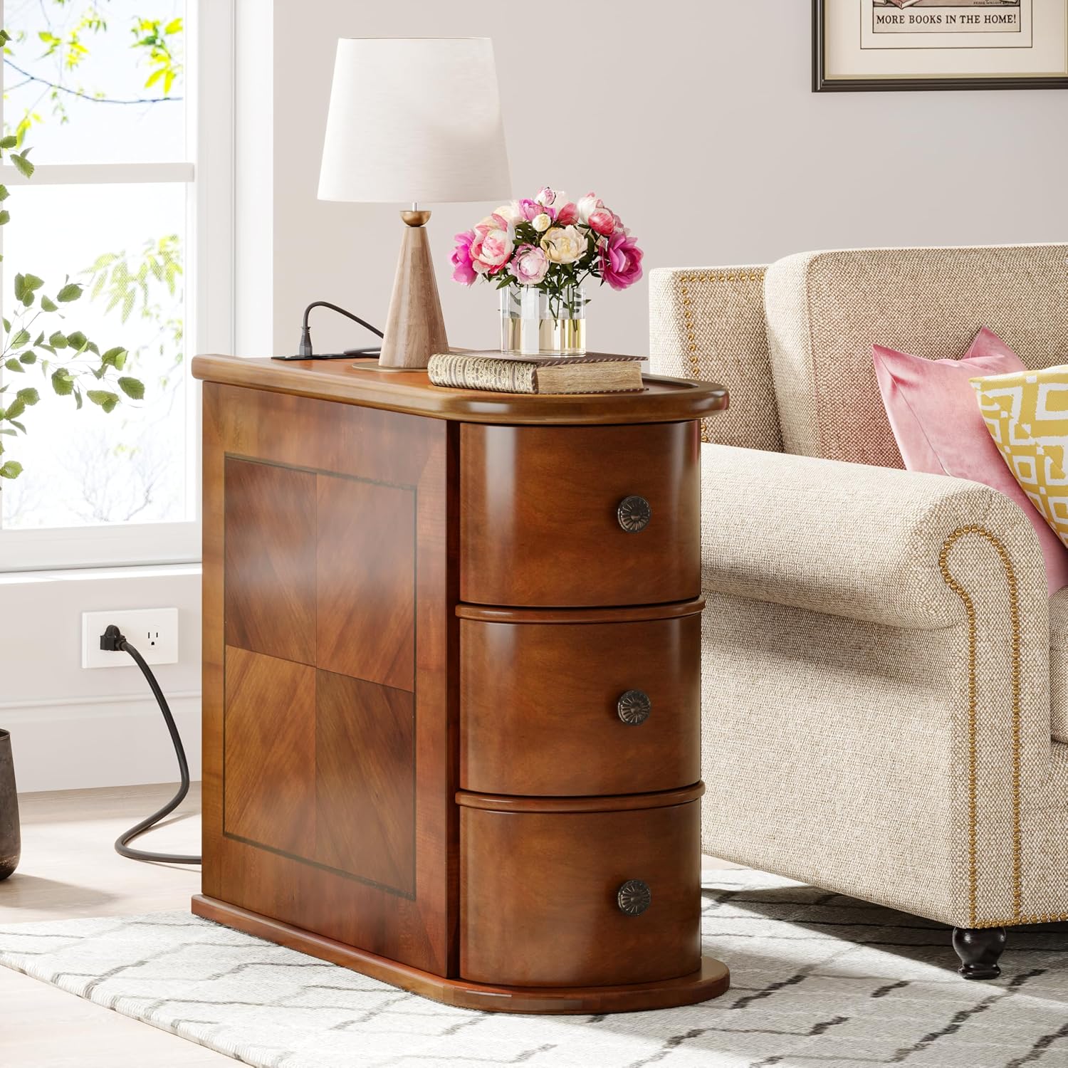 Solid Wood End Table with Charging Station, No Assembly Required Narrow Sofa Side Table for Living Room, Vintage Slim Nightstand Bedside Table (3 Drawers, Brown, 1Pc)