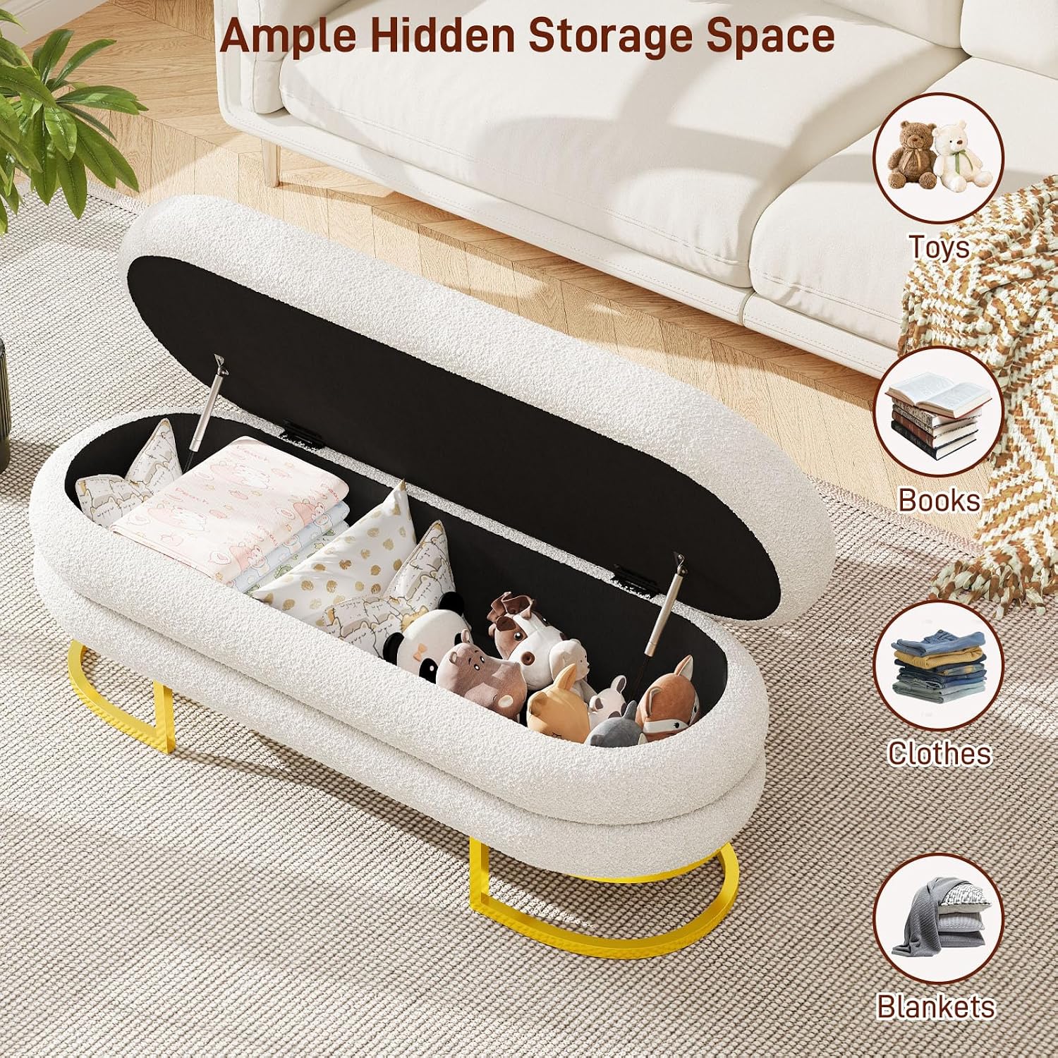 Halitaa 48.82" Storage Ottoman Bench, Large Oval Ottoman with Padded Blanket and Chest Aesthetic Upholstered Fabric Storage Bench Shoe Seat with Golden Metal Leg for Bedroom, Entryway, Living Room