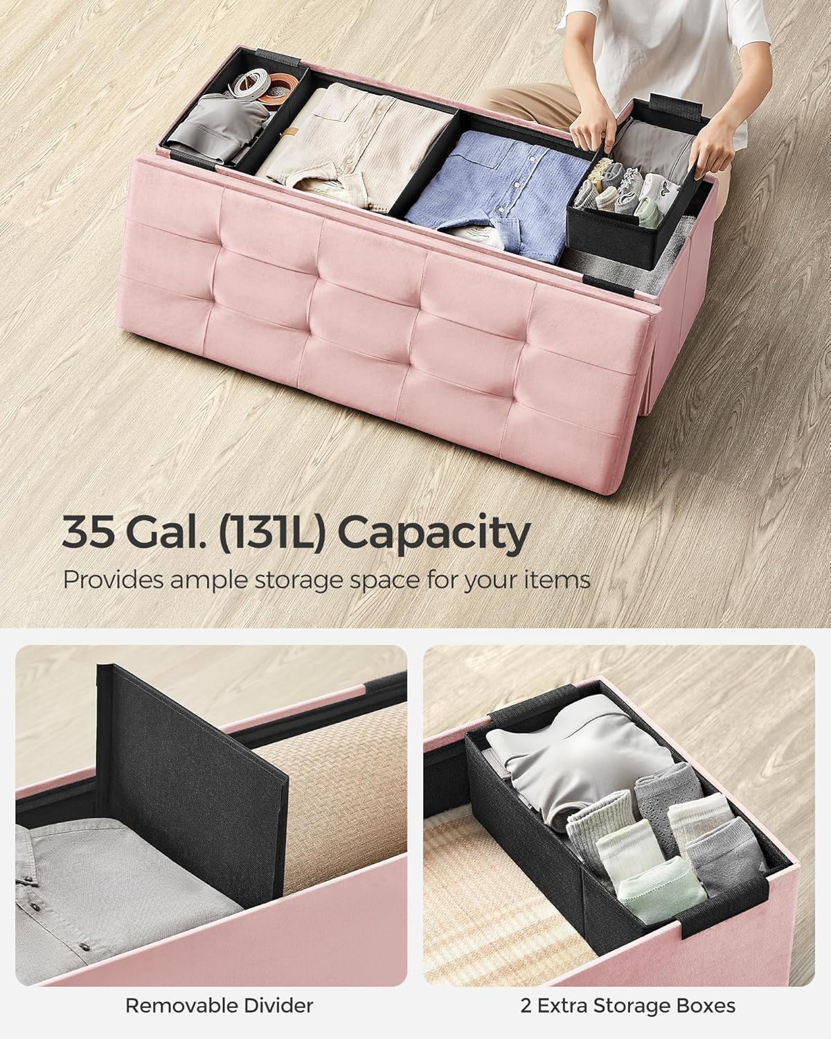 SONGMICS Mazie Collection - Storage Ottoman Bench, Foldable Foot Rest, 15 x 43 x 15 Inches, End of Bed Bench, Storage Chest, Load 660 lb, Living Room, Bedroom, Entryway, Jelly Pink ULSF277R01