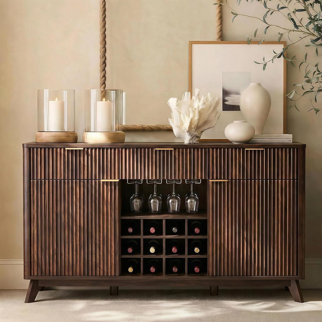 OKD Fluted Wine Bar Cabinet, 60" Wide Modern Buffet Sideboard with Ample Storage - 2 Side Cabinets, 3 Drawers, 4 Glass Holders & 12 Wine Racks, Coffee Bar Cabinet for Kitchen, Dining Room, Dark Walnut