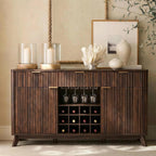 OKD Fluted Wine Bar Cabinet, 60" Wide Modern Buffet Sideboard with Ample Storage - 2 Side Cabinets, 3 Drawers, 4 Glass Holders & 12 Wine Racks, Coffee Bar Cabinet for Kitchen, Dining Room, Dark Walnut