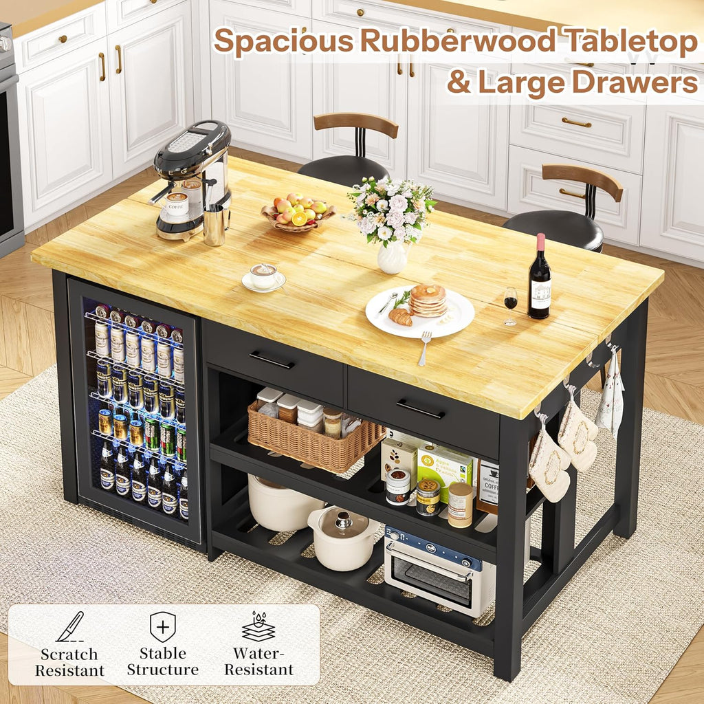 DynJest 60" Solid Rubberwood Kitchen Island with Storage & Leg Room, Black | Coffee Bar Buffet Cabinet w/ Fridge Space & Power Outlets, 2 Drawers & 6 Hooks, Large Countertop, for Home Office Dining Room
