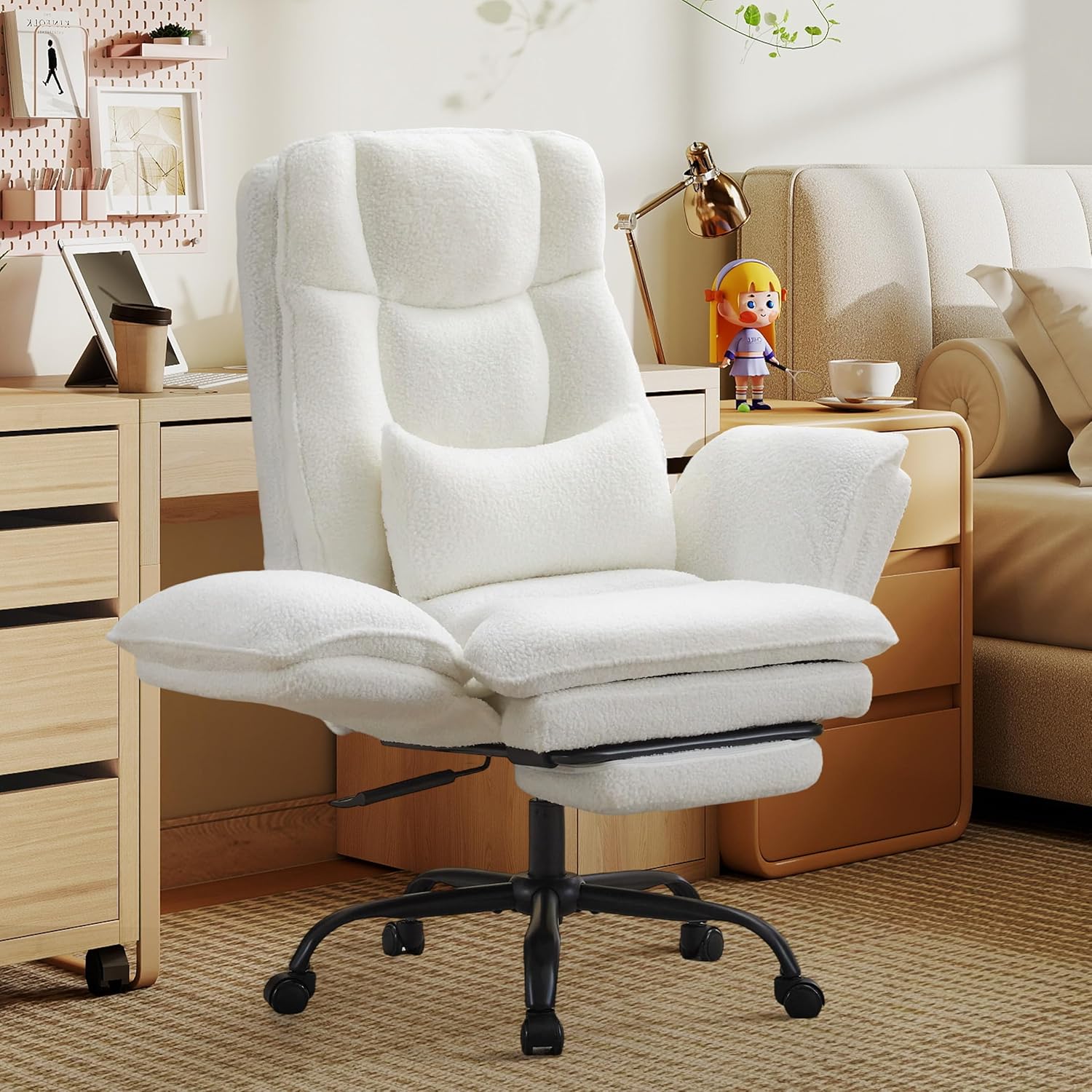 Office Chair,Big and Tall Heavy-Duty Executive Reclining Computer Gaming Chair with Footrest,Flip Armrests,Lumbar Pillow&Thicken Wider Seat for Criss Cross Legged Desk Vanity Chair,Teddy Fabric White