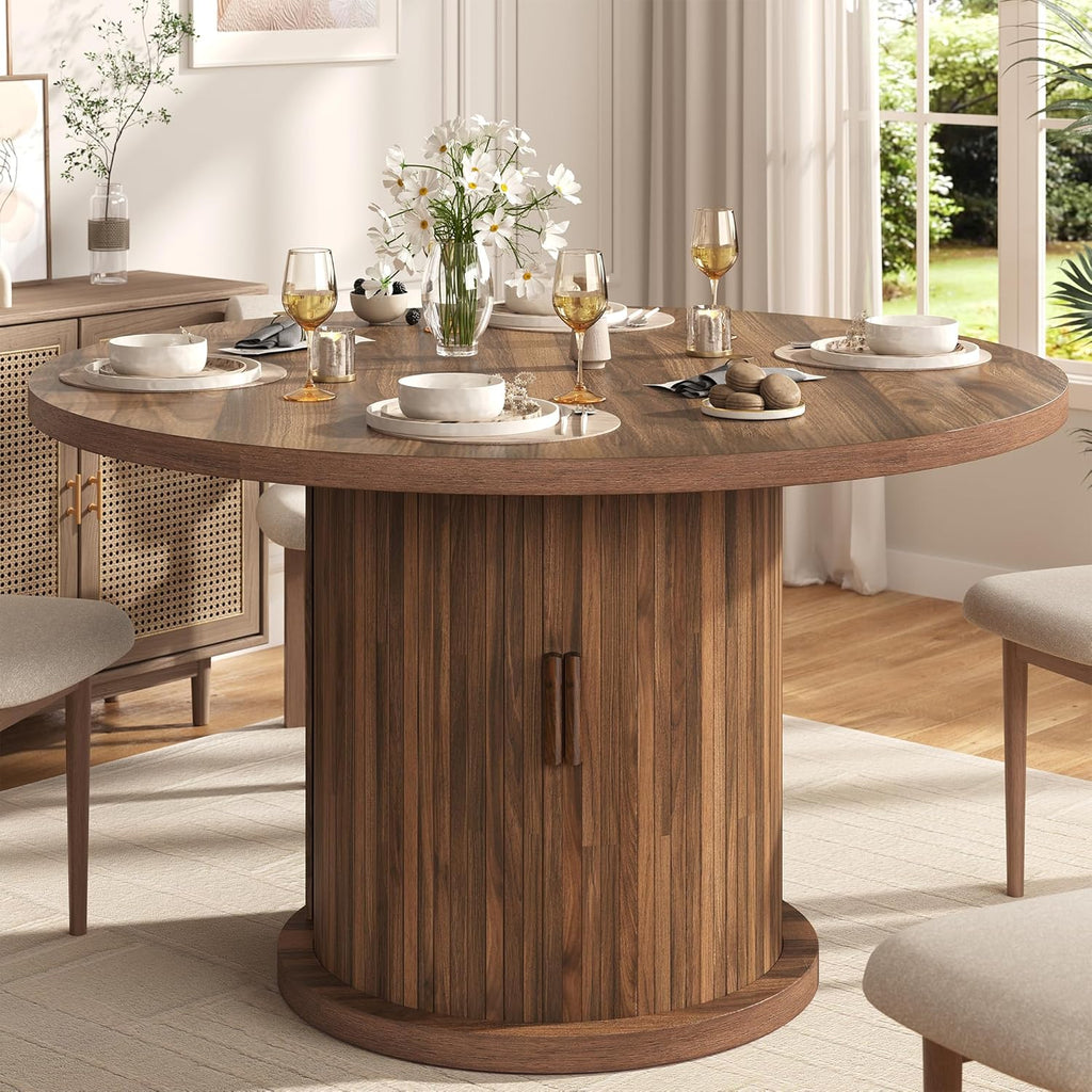 knoworld 47" Round Dining Table for 4-6, Modern Fluted Pedestal Kitchen Table with Hidden Storage, Walnut Wood Circle Dinner Table for Dining Room & Small Spaces, Walnut
