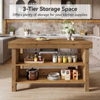 55" Solid Wood Kitchen Island with Storage, Farmhouse Kitchen Island Table with 3-Tier Open Shelves and Large Countertop for Kitchen, Dining & Living Room, Natural Oak