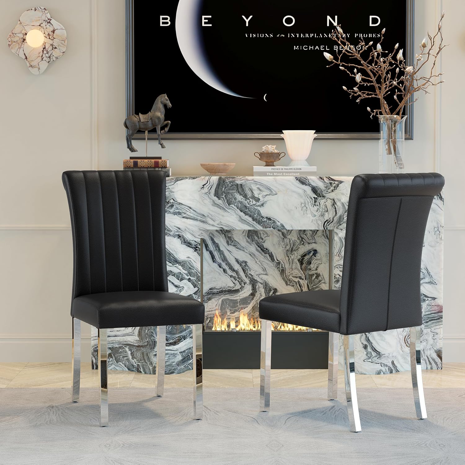 ACEDÉCOR Modern Dining Chairs Set of 6, Black Leather Dining Room Chairs with Silver Stainless Steel Legs, Upholstered Chairs with High Back and Metal Chrome Legs for Kitchen/Living Room/Restaurant