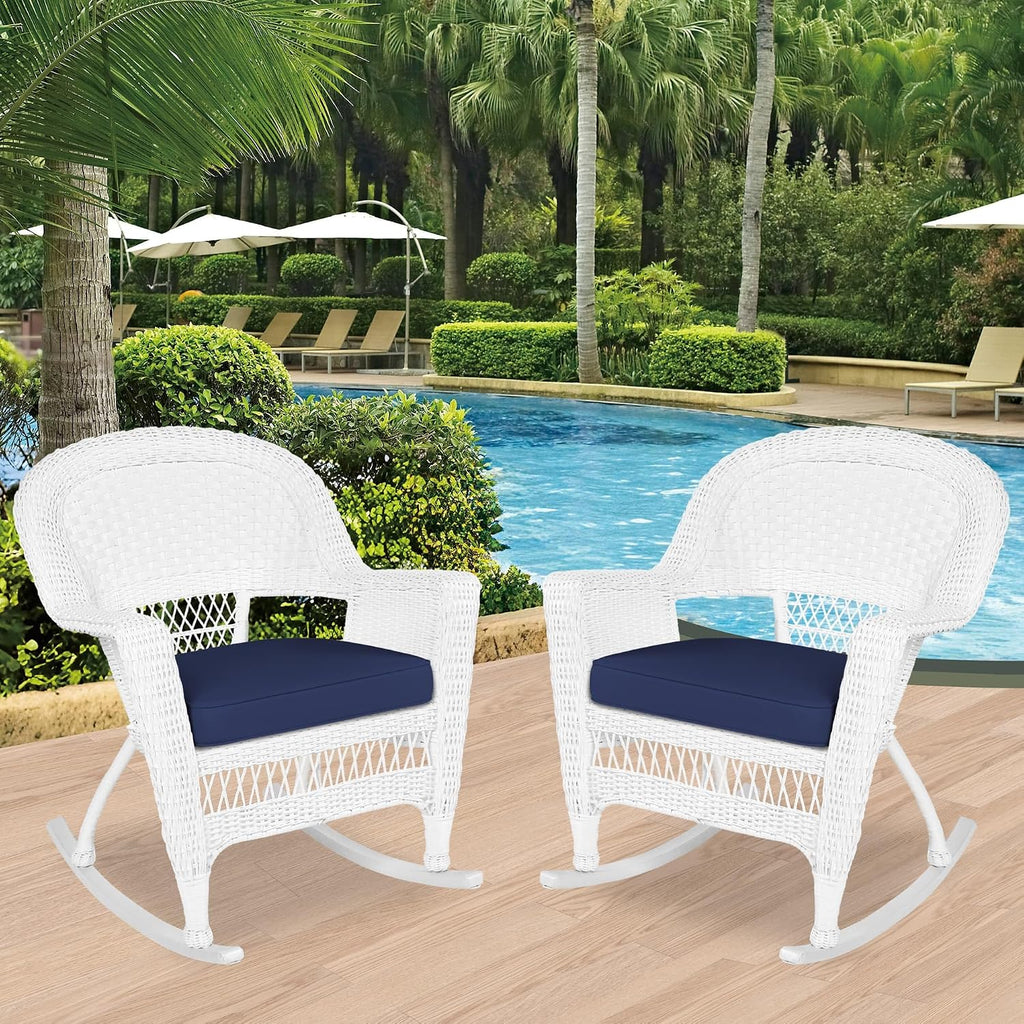 Jeco Rocker Wicker Chair with Blue Cushion, Set of 2, White