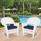 Jeco Rocker Wicker Chair with Blue Cushion, Set of 2, White