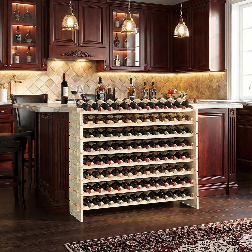 F2C Wood 96-Bottle Stackable Modular Wine Rack Wood Wine Cabinet Free Standing Wine Storage Organizer Display Shelf Wine Bottle Holder Kitchen Decor Classic Style, Wobble Free (96 Bottles)