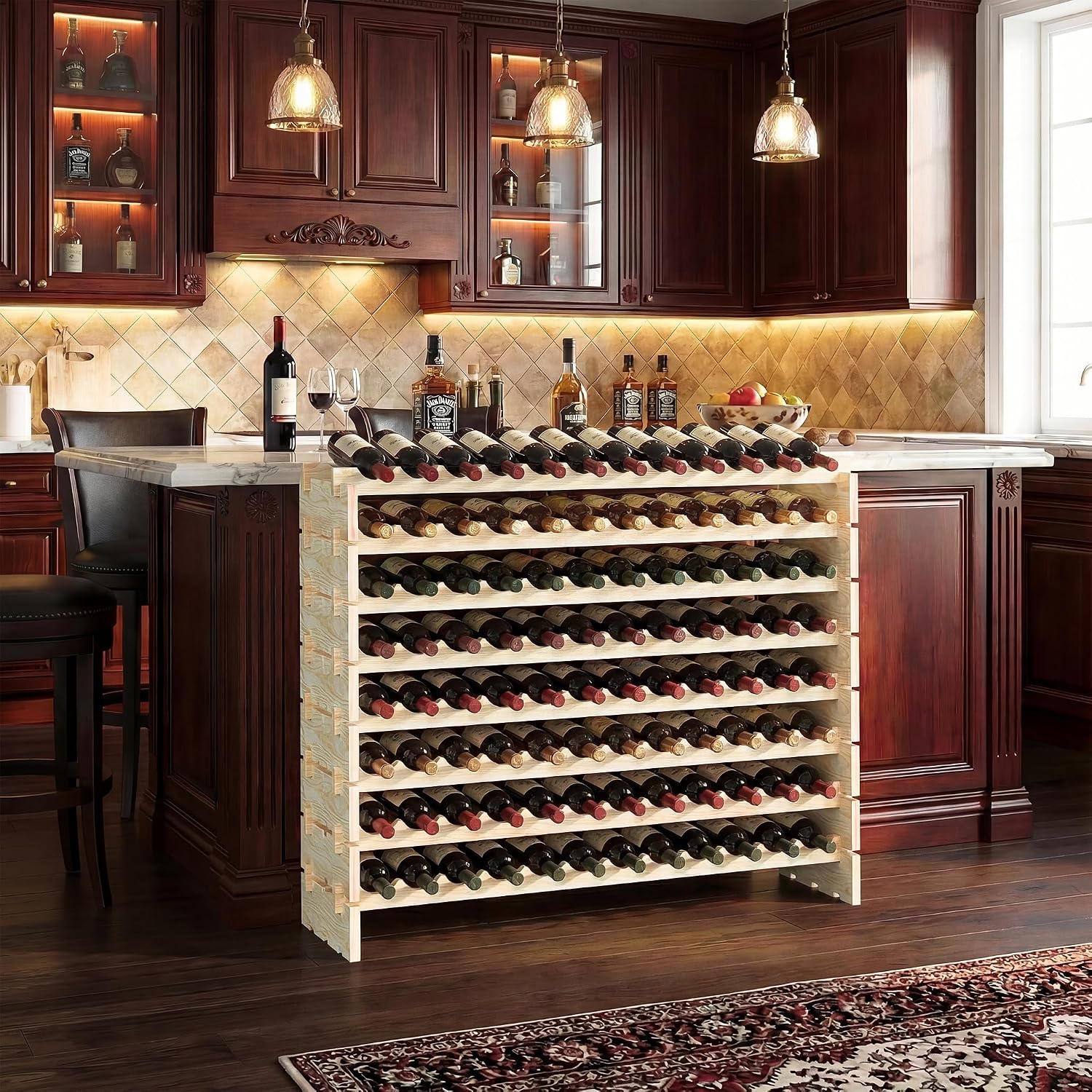 F2C Wood 96-Bottle Stackable Modular Wine Rack Wood Wine Cabinet Free Standing Wine Storage Organizer Display Shelf Wine Bottle Holder Kitchen Decor Classic Style, Wobble Free (96 Bottles)
