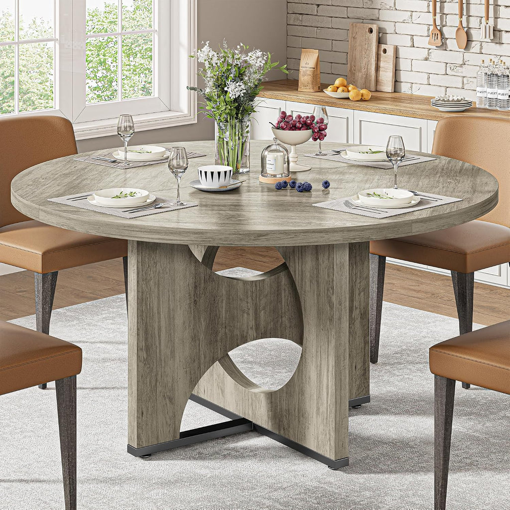 IRONCK 47.2" Round Dining Table for 4-6 People, Wooden Dining Room Table with H-Shape Pedestal Base, Farmhouse Dinner Table, Circle Kitchen Tables for Dining Room, Kitchen, Apartment, Light Gray