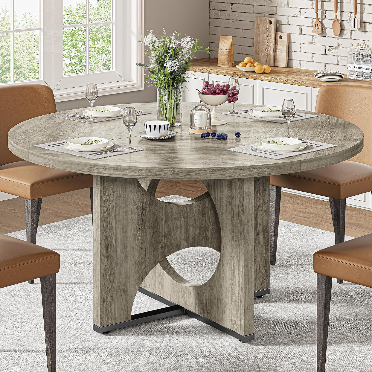 IRONCK 47.2" Round Dining Table for 4-6 People, Wooden Dining Room Table with H-Shape Pedestal Base, Farmhouse Dinner Table, Circle Kitchen Tables for Dining Room, Kitchen, Apartment, Light Gray