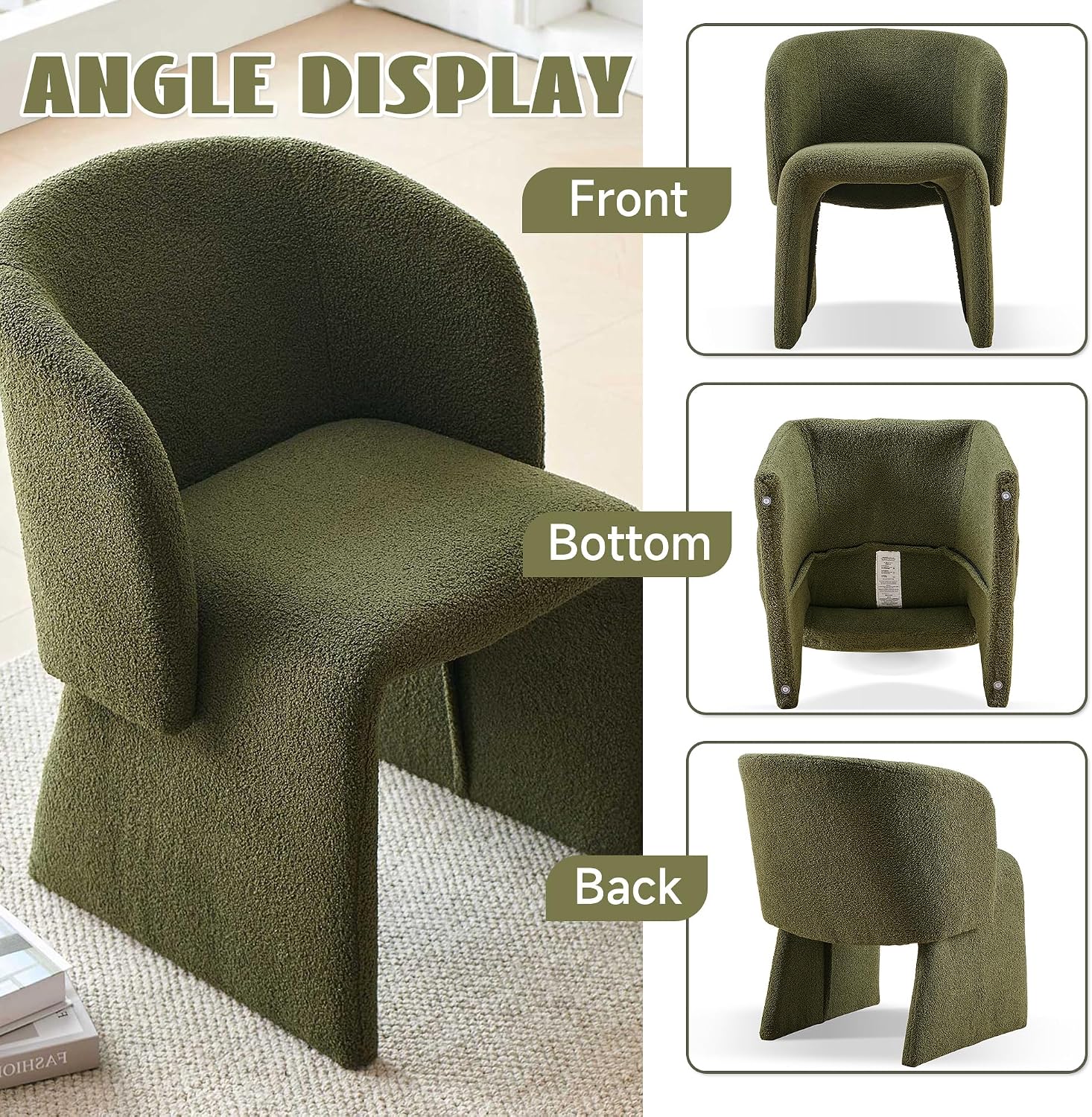 Barrel Dining Chairs Set of 2, Modern Comfy Kitchen Chairs with Arm, Upholstered Teddy Velvet, Bedroom, Living Room, Reading Room, Green