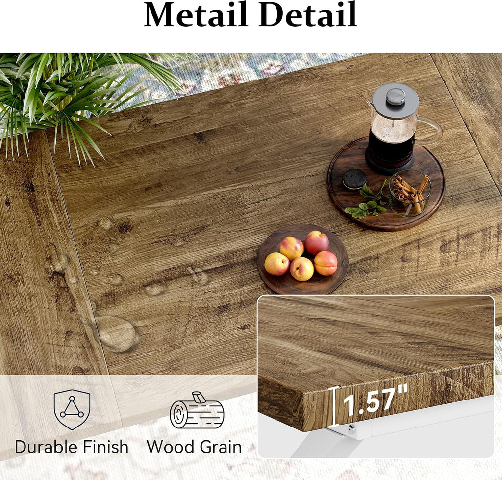 70.8 Inch Rectangular Dining Table for 6-8 People, Farmhouse Kitchen Table with Metal Base & Solid Wood Top, Easy Assembly, Water-Resistant, for Dining Room & Kitchen, Natural & White
