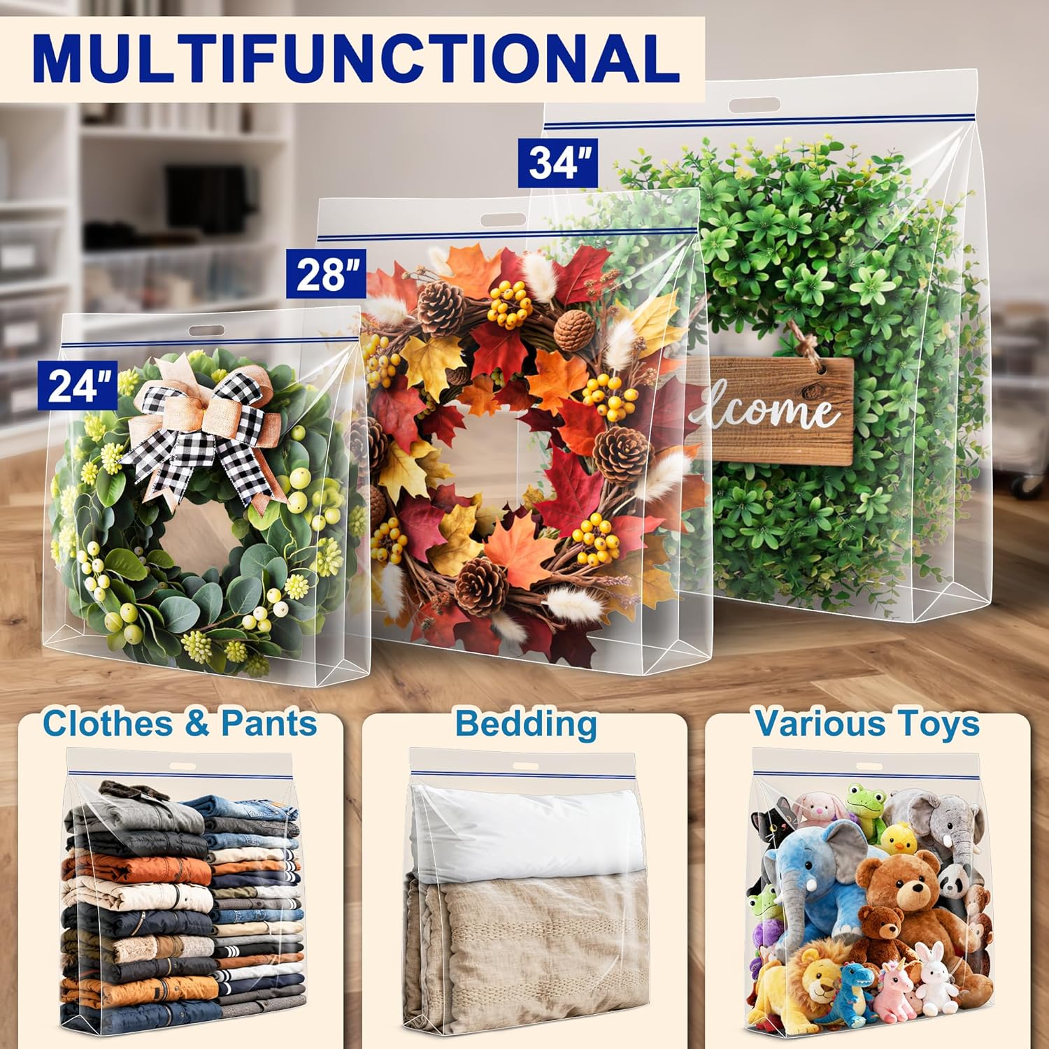 Extra Large Clear Wreath Storage Plastic Bag with Handle For Halloween Summer Christmas Decoration or Clothing Blanket Comforters Bed Sheets Pillows, 4 Pack, 24"x24"x7"