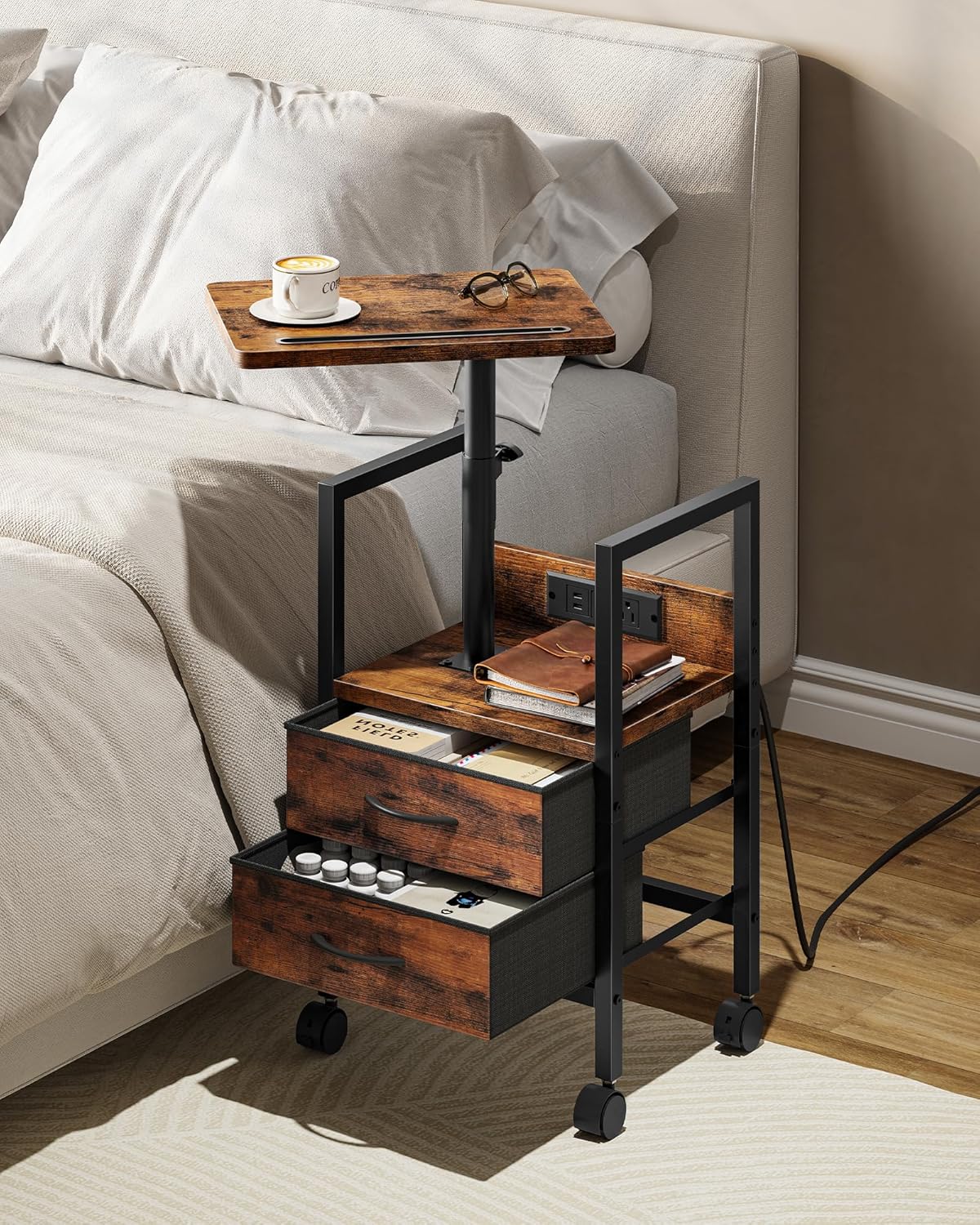 Height Adjustable Side Table with Swivel Tabletop, End Table with Charging Station, Bedside Table with Fabric Drawers and Wheels, Nightstand for Living Room, Bedroom, Rustic Brown and Black TBZ21UBF