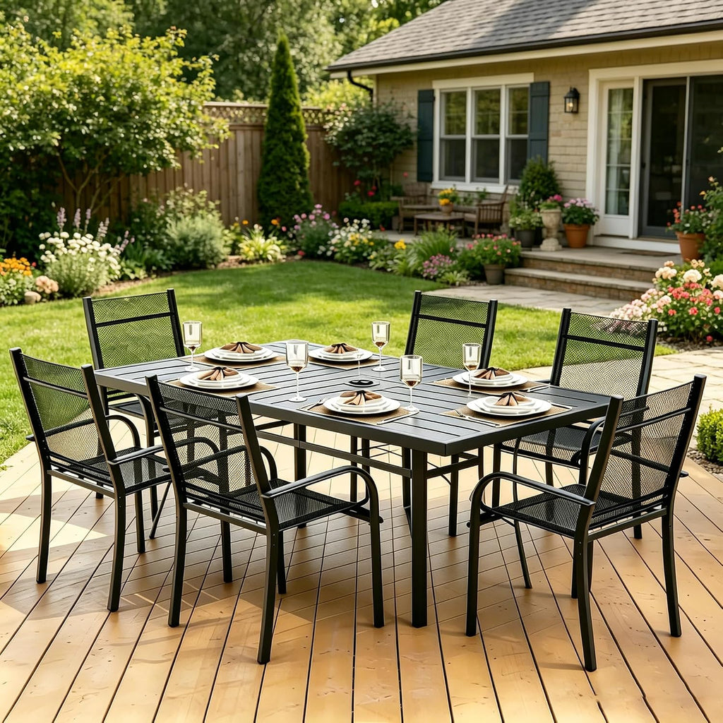 Trevero 7 Pieces Outdoor Dining Table 63"x36", Rectangle Patio Dining Table and Chairs with Stable Metal Frame for Garden, Backyard and Porch, Umbrella Hole Design, Suitable for 6 People