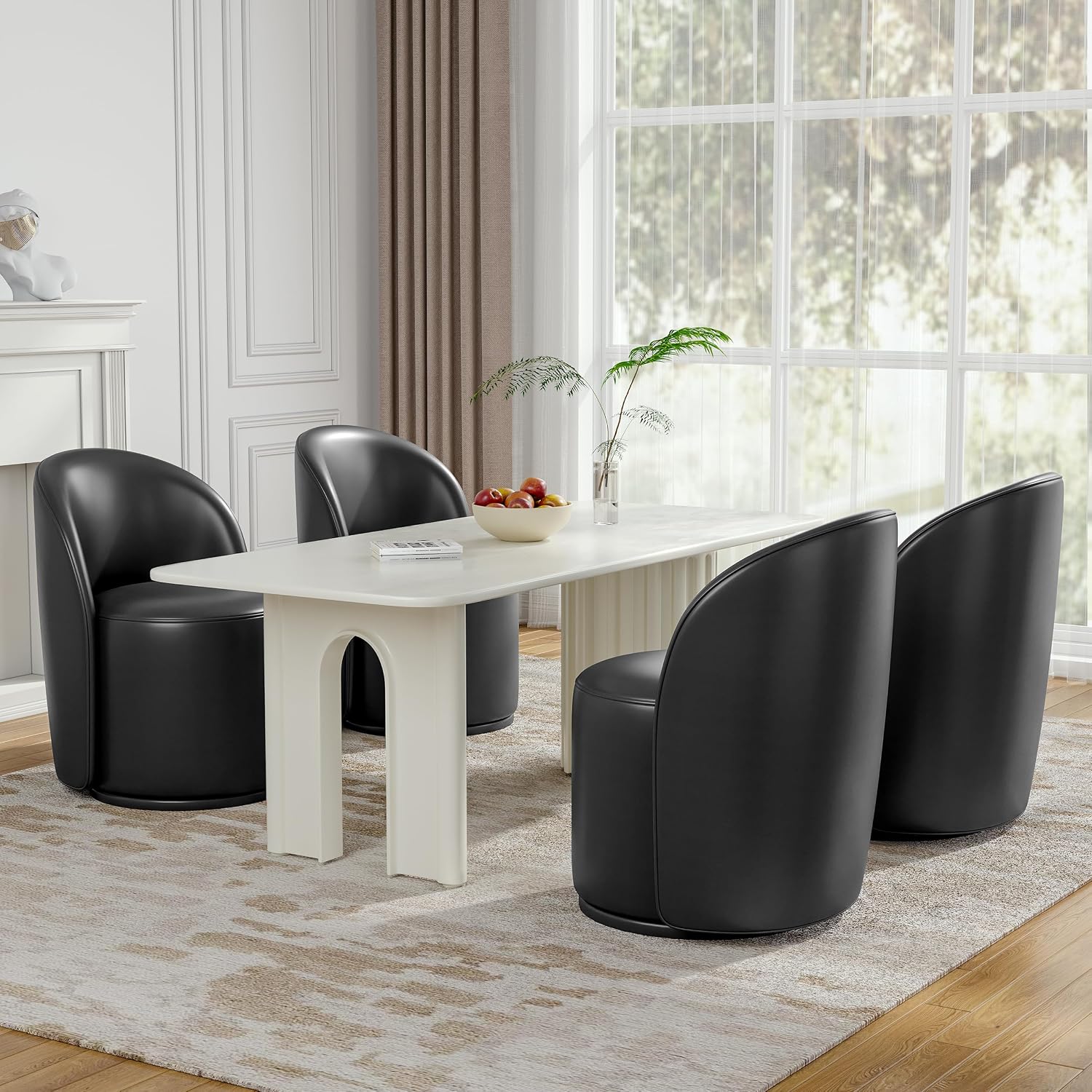Lumibee Faux Leather Swivel Barrel Dining Chairs Set of 4, Modern Upholstered Round Dining Chairs with 360° Rotation, Comfy Armless Accent Makeup Vanity Chair for Dining/Living Room Kitchen, Black