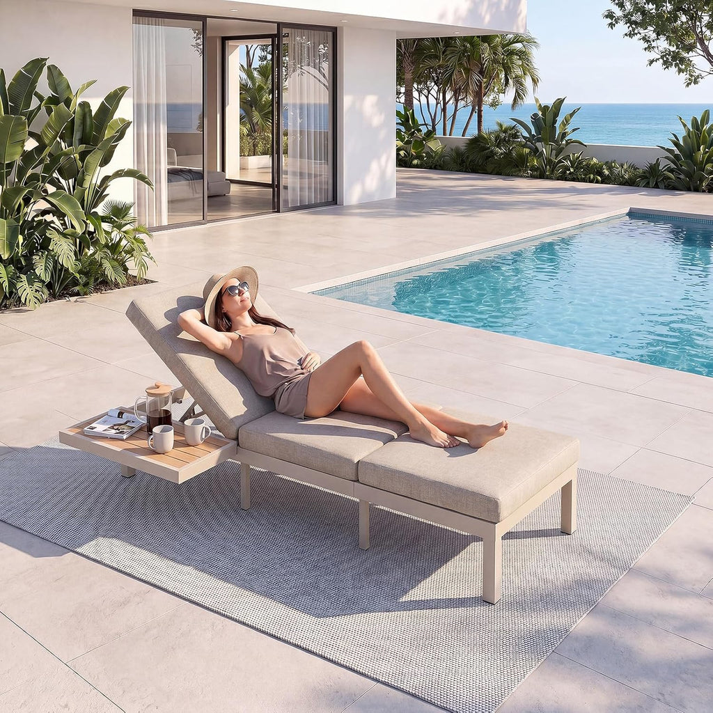 3-Seat Modular Aluminum Outdoor Sofa, Adjustable Reclining Design with Removable Side Table, All-Weather Patio Furniture Set with Water-Resistant Cushions for Backyard Poolside, Beige