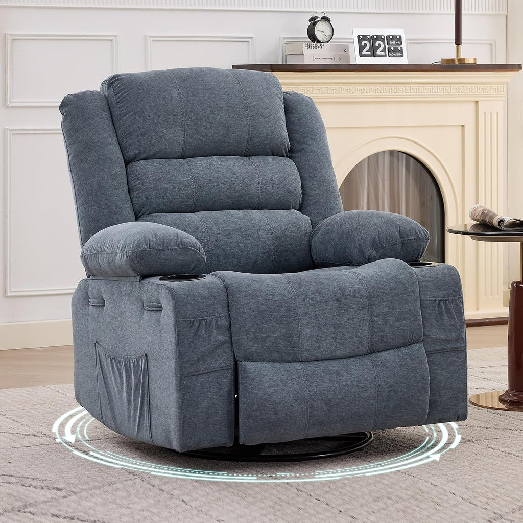 Garvee Rocking Recliner Chair Lazy boy Swivel Nursery Rocker for Adults | Wide 360° Recliner with Cup Holder Glider with Upholstered Deep Seat Linen Lazy boy chair for Living Room Blue