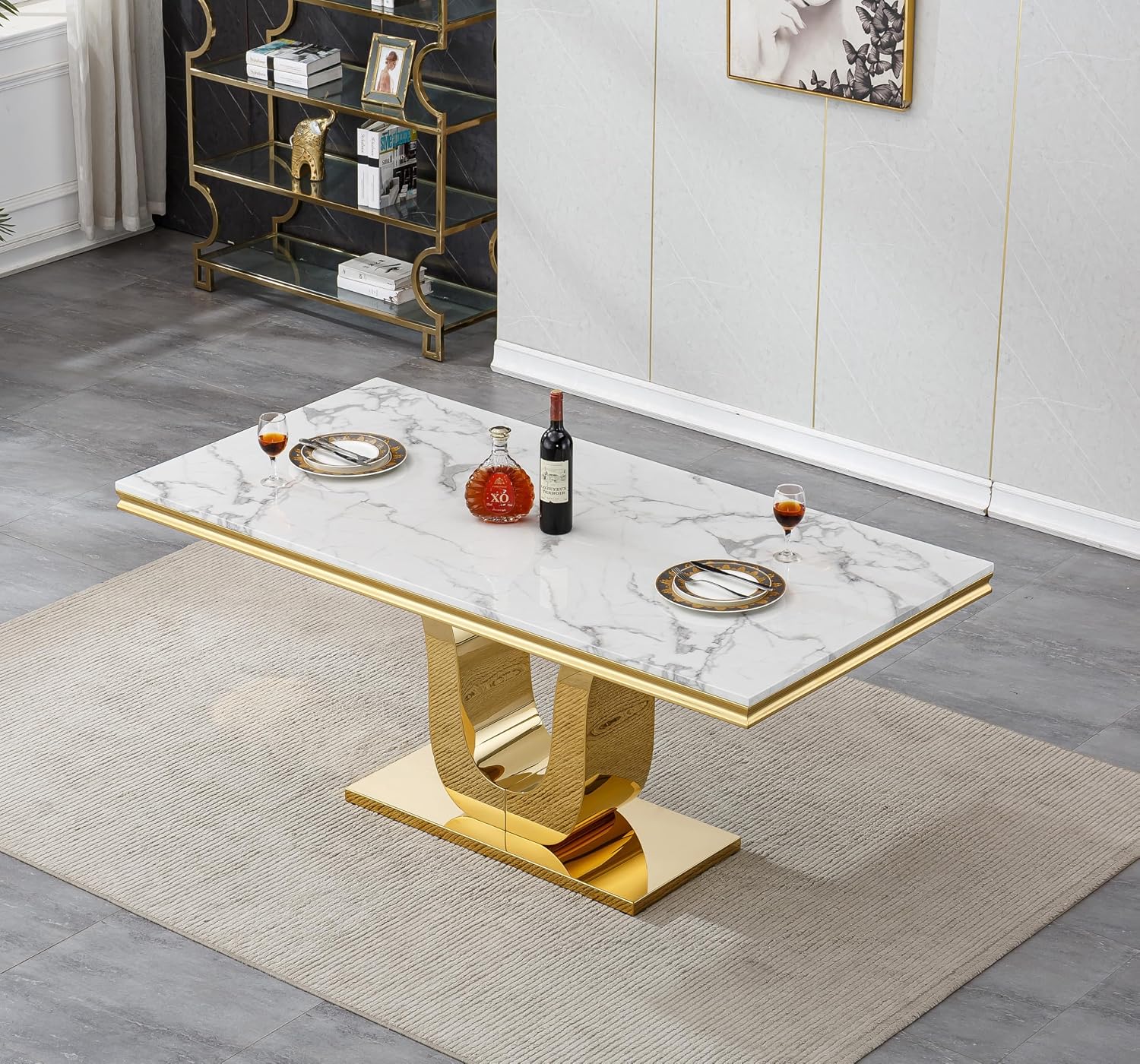 SSLine Modern White Marble Dining Table Set for 4,Luxury 68" Faux Marble Kitchen Table with Velvet Tufted Chairs for 4,5-Piece Dining Room Table Set with Gold Stainless Steel U-Shape Base