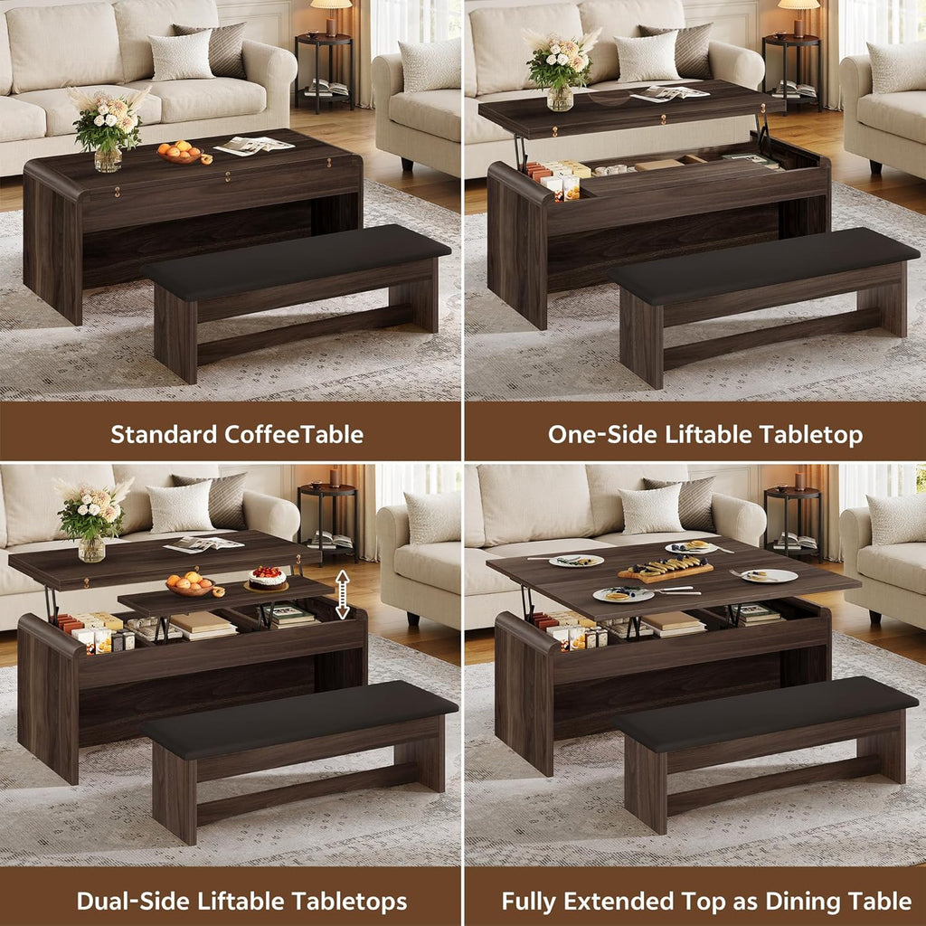 Lift Top Coffee Table 4-in-1, 40 Inches Coffee Table Set with Bench & Hidden Compartment, Multi-Function Converts to Dining Table for Living Room, Home Office, Lifting Top Tables, Walnut