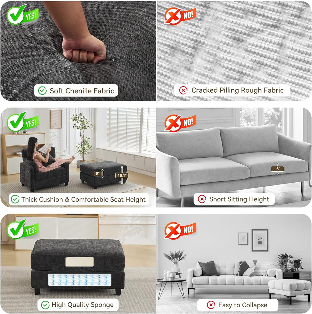 WUTUTUEE 57.5" Oversized Chaise Lounge with Ottoman Indoor, Grey Reading Chair with Ottoman & Sofa Bed, Chenille Upholstered Comfy Sleeper Chair for Living Room, Bedroom, Office
