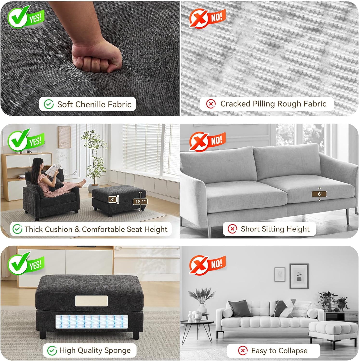 WUTUTUEE 57.5" Oversized Chaise Lounge with Ottoman Indoor, Grey Reading Chair with Ottoman & Sofa Bed, Chenille Upholstered Comfy Sleeper Chair for Living Room, Bedroom, Office