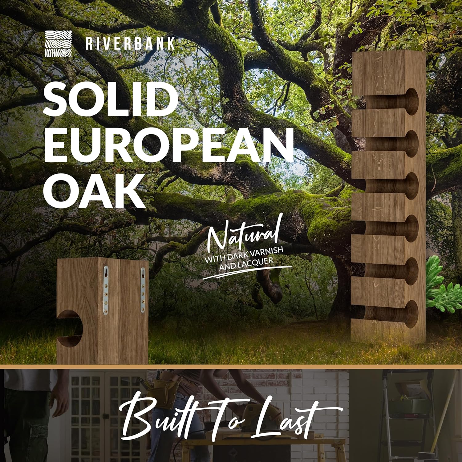 Riverbank Dark Oak Wine Rack, Elegant 6-Bottle Holder, Made of Solid Wood, Wall Mounted Wooden Wine Stand, Stylish & Luxurious Home Décor (Dark Oak, 6-Bottles)
