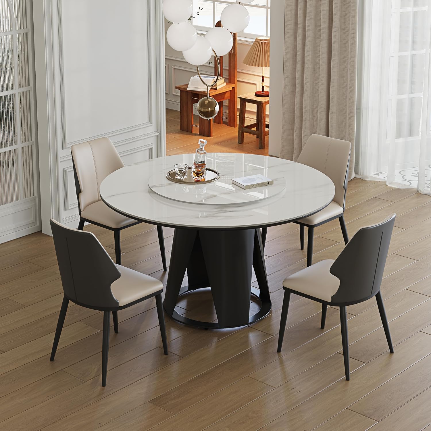 Montary 59" Modern Round Dining Table, Turntable Faux Marble Kitchen Table with Lazy Susan, Sintered Stone Tabletop Dining Room Table for 6-8 Person, with Black Metal Exquisite Pedestal