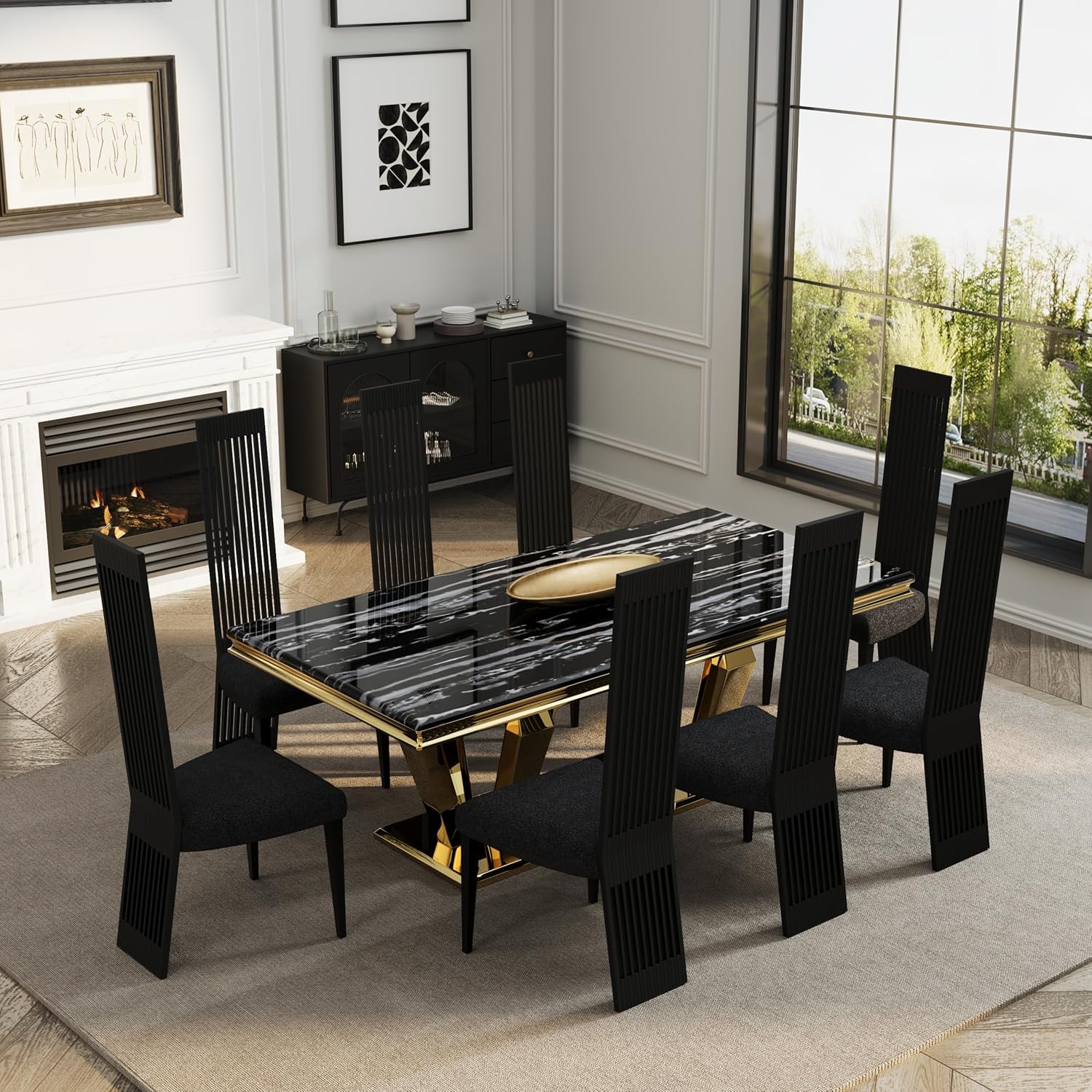 Modern Black Dining Chairs Set of 2, Upholstered High Back Dining Chairs with Stainless Steel Backrest and Legs, Luxury Dining Room Chairs for Kitchen Living Room Restaurant