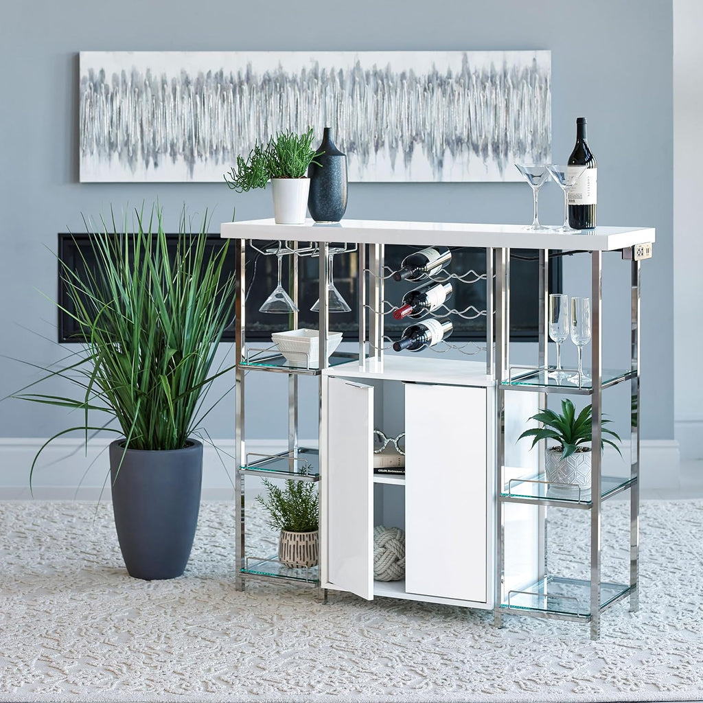Coaster Home Furnishings - Gallimore - Wood & Metal - 2-Door Bar Cabinet with Bottle Rack, Stemware Rack and Built-in Power Outlet - Dining Room & Home Bar - White - 182757