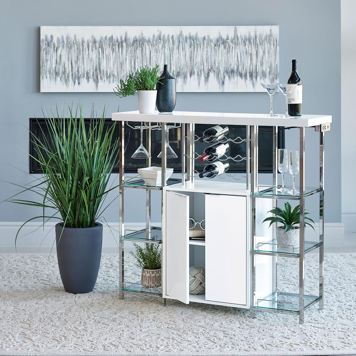 Coaster Home Furnishings - Gallimore - Wood & Metal - 2-Door Bar Cabinet with Bottle Rack, Stemware Rack and Built-in Power Outlet - Dining Room & Home Bar - White - 182757