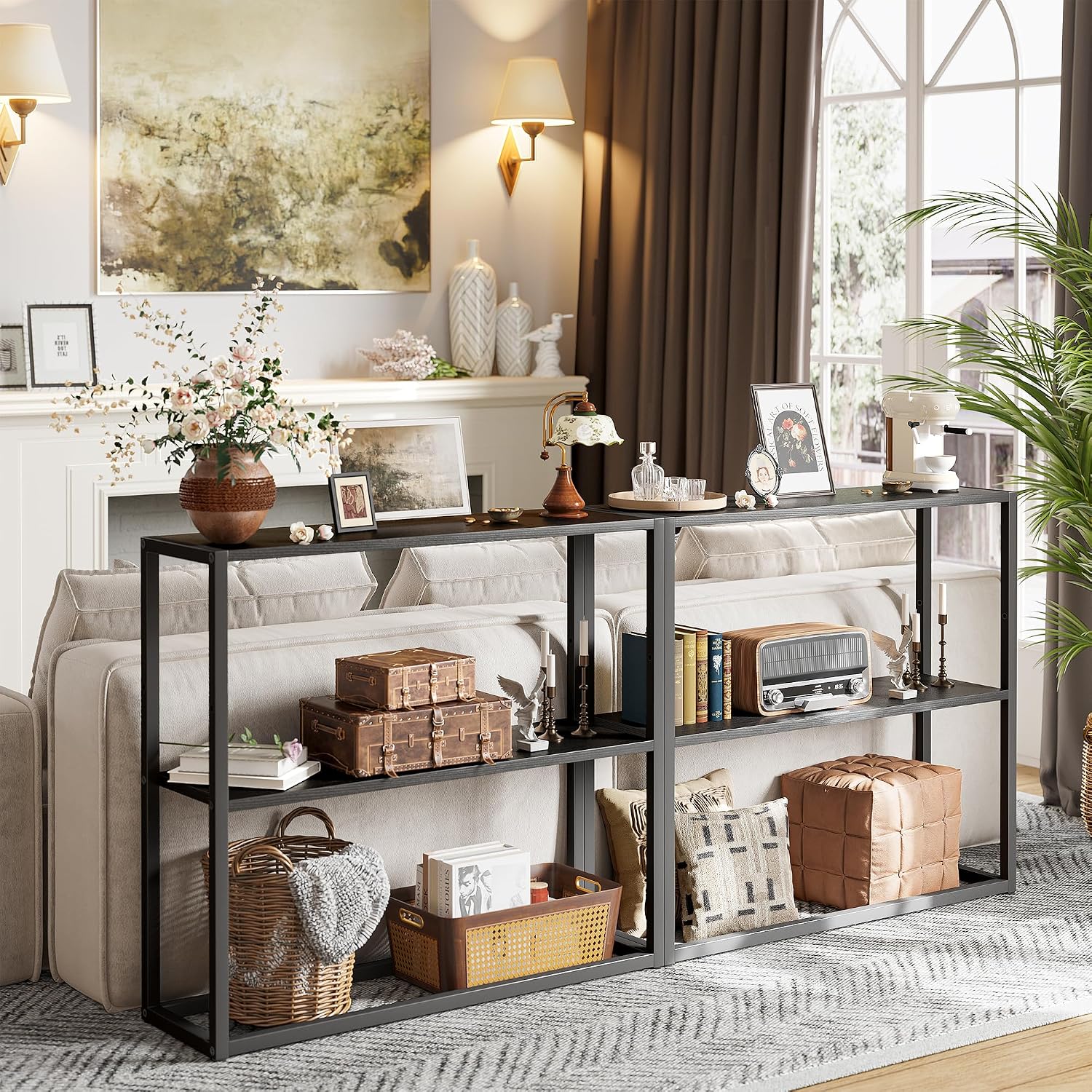 TIQLAB Small Entryway Table, 29.5" Narrow Console Table with Shelves, Sofa Table, Couch Table, Side Table, Entry Table for Hallway, Living Room, Small Space, Black