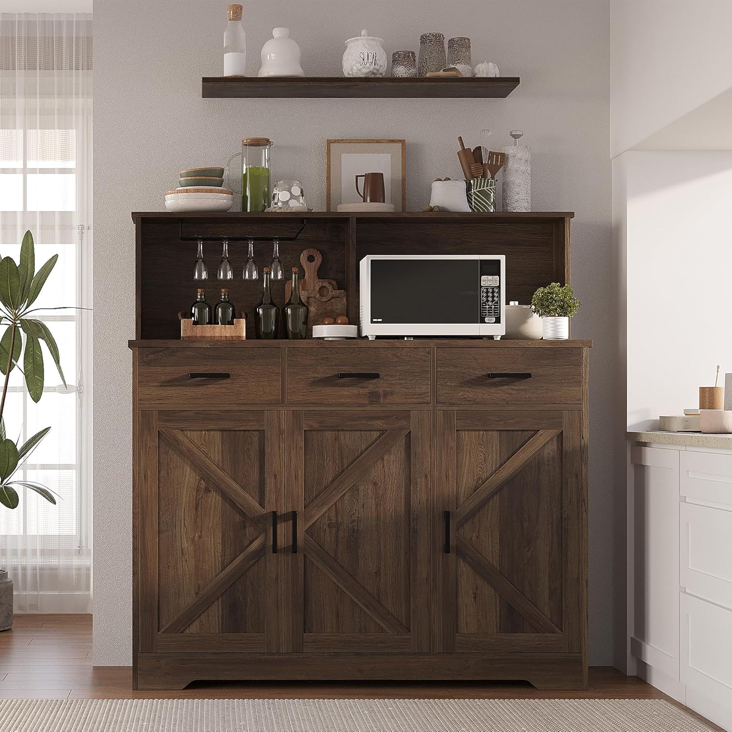 GarveeHome Farmhouse Sideboard Buffet with Microwave Stand, Barn Doors Buffet Storage Cabinet with Drawers and Shelves, Wood Coffee Bar Cabinet for Kitchen, Dining Room, Living Room, Brown