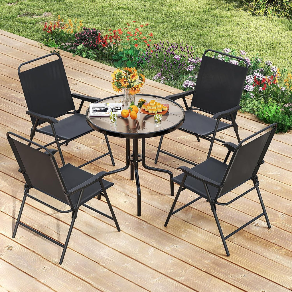S AFSTAR Patio Chairs Set of 4, Outdoor Folding Lawn Chairs Sling Back Dining Chairs with Armrests & Breathable Seat, Metal Frame Folding Chairs for Garden, Deck, Yard & Porch