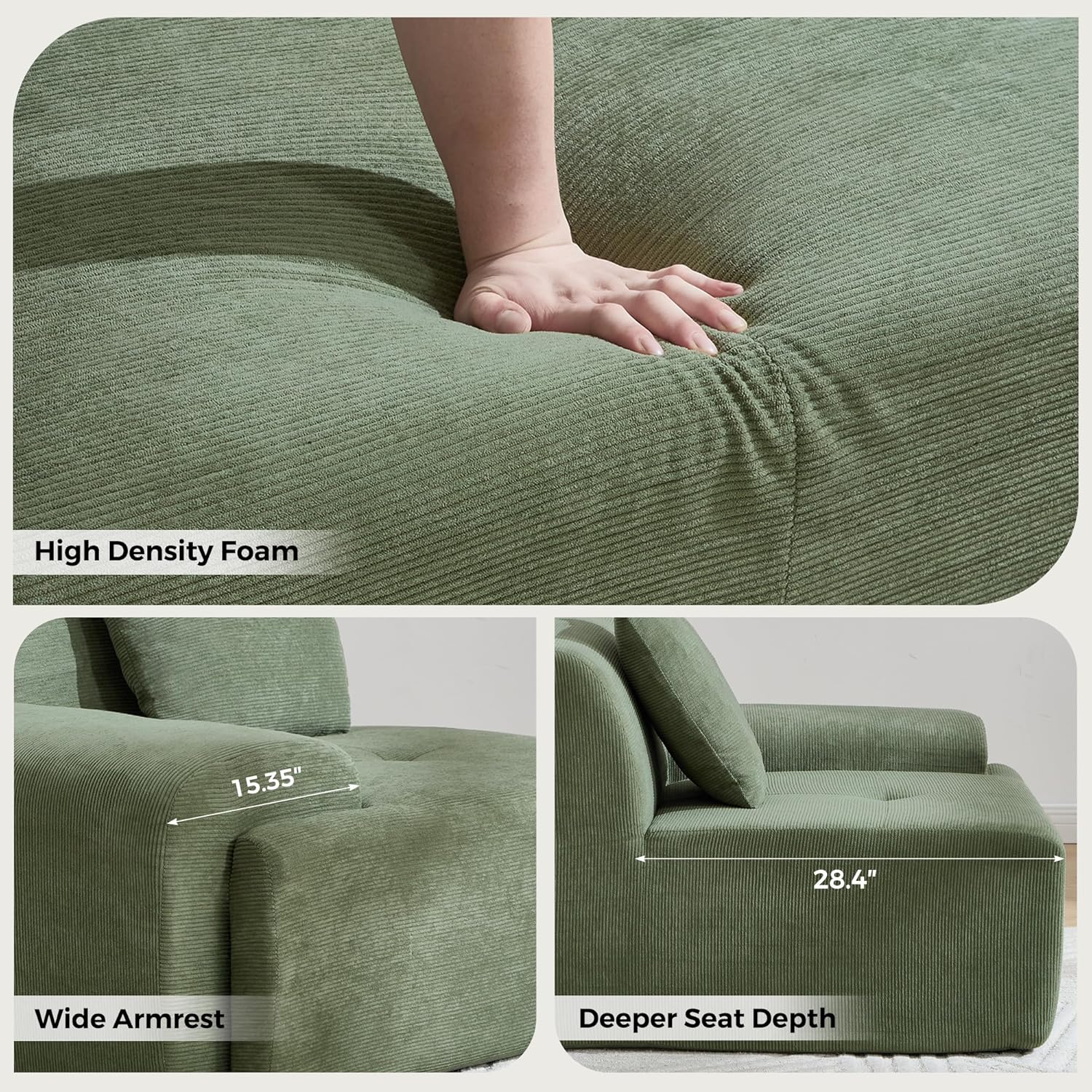 122" U Shaped Boneless Modular Sectional Sofa, Oversized 5-Seater Full Sponge Cloud Couch with Movable Ottoman, Corduroy Upholstery Couches for Living Room, No Assembly, Green