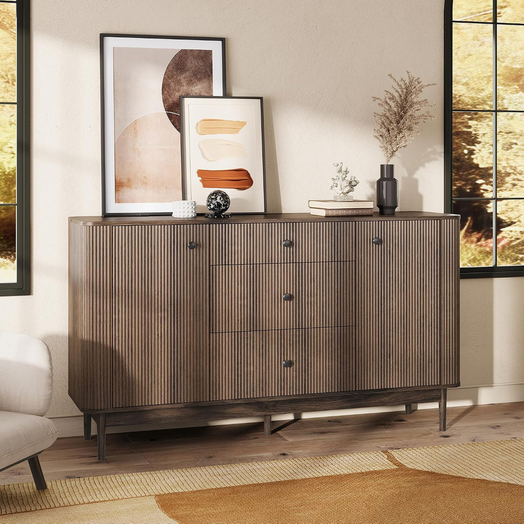 59" Buffet Cabinet with Drawers, Large Fluted Sideboard Buffet Storage Cabinet with Charging Station, Shelves and Doors, Modern Accent Coffee Bar Console Table for Kitchen, Entryway and Living Room