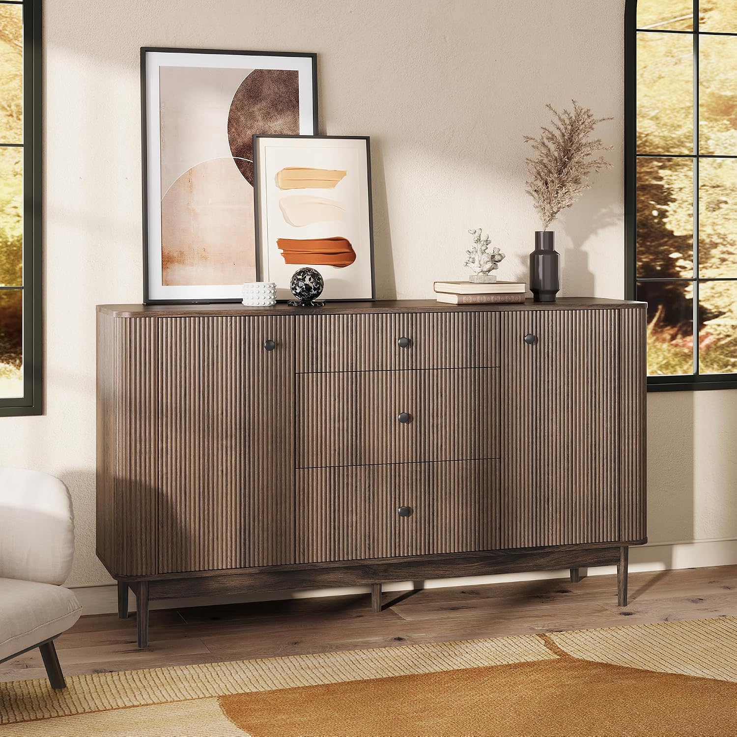 59" Buffet Cabinet with Drawers, Large Fluted Sideboard Buffet Storage Cabinet with Charging Station, Shelves and Doors, Modern Accent Coffee Bar Console Table for Kitchen, Entryway and Living Room