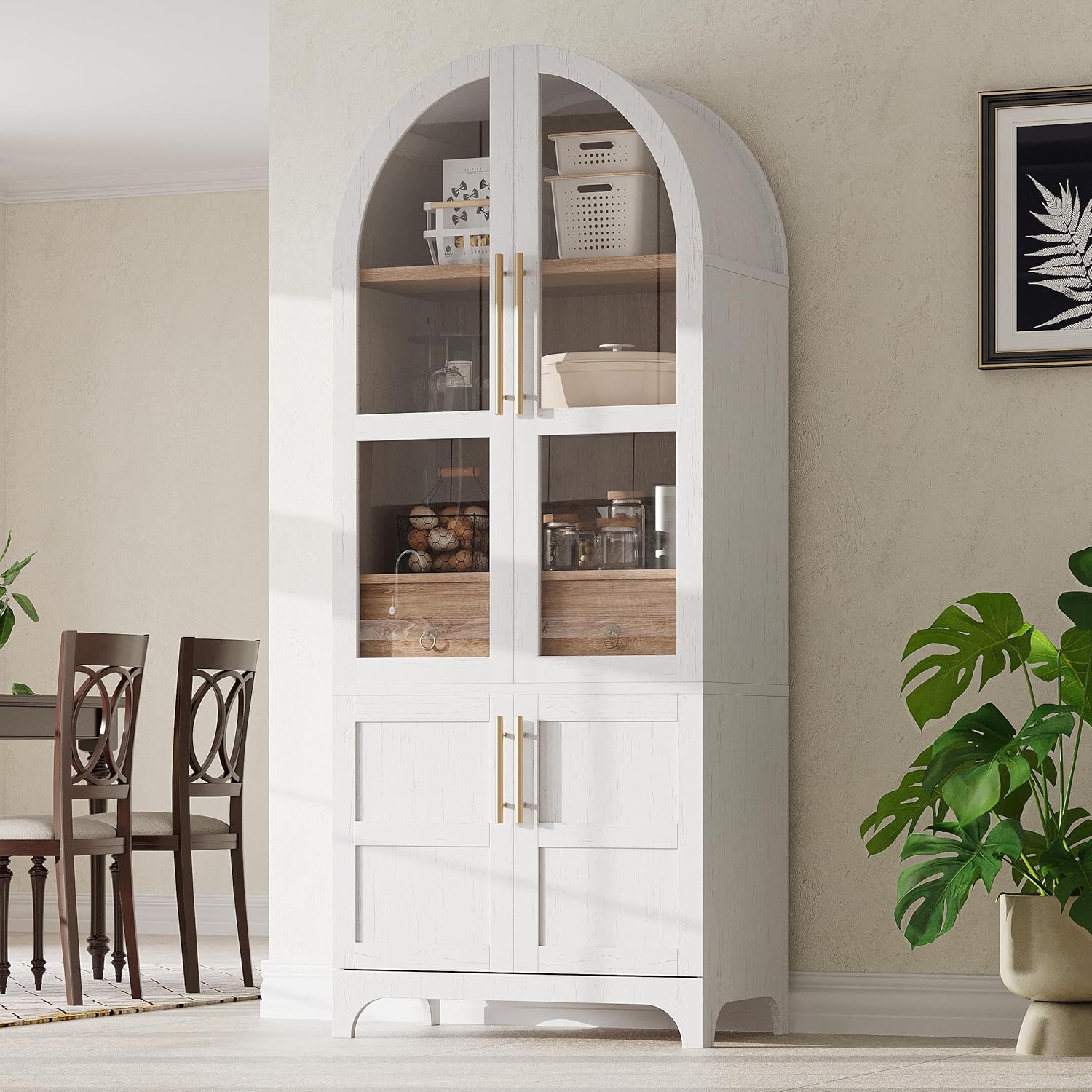 71" Tall Arched Kitchen Pantry Cabinet with Door Shelves, Farmhouse Kitchen Storage Cabinet with Adjustable Shelves, Hidden Drawer & Glass Door, Cupboard for Kitchen, Dining Room, White
