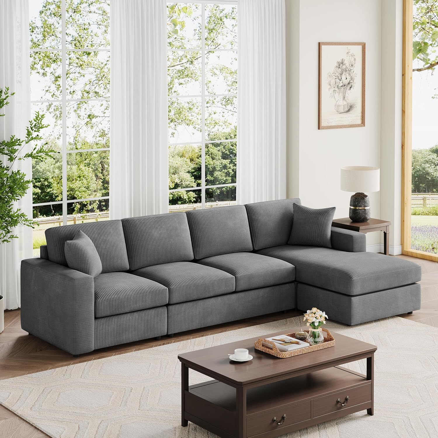VANOMi 119" L-Shaped Sectional Sofa with Reversible Chaise, Modern Corduroy Couch with Deep Seats, 4-Seater Upholstered Sofa for Living Room or Apartment, Dark Grey